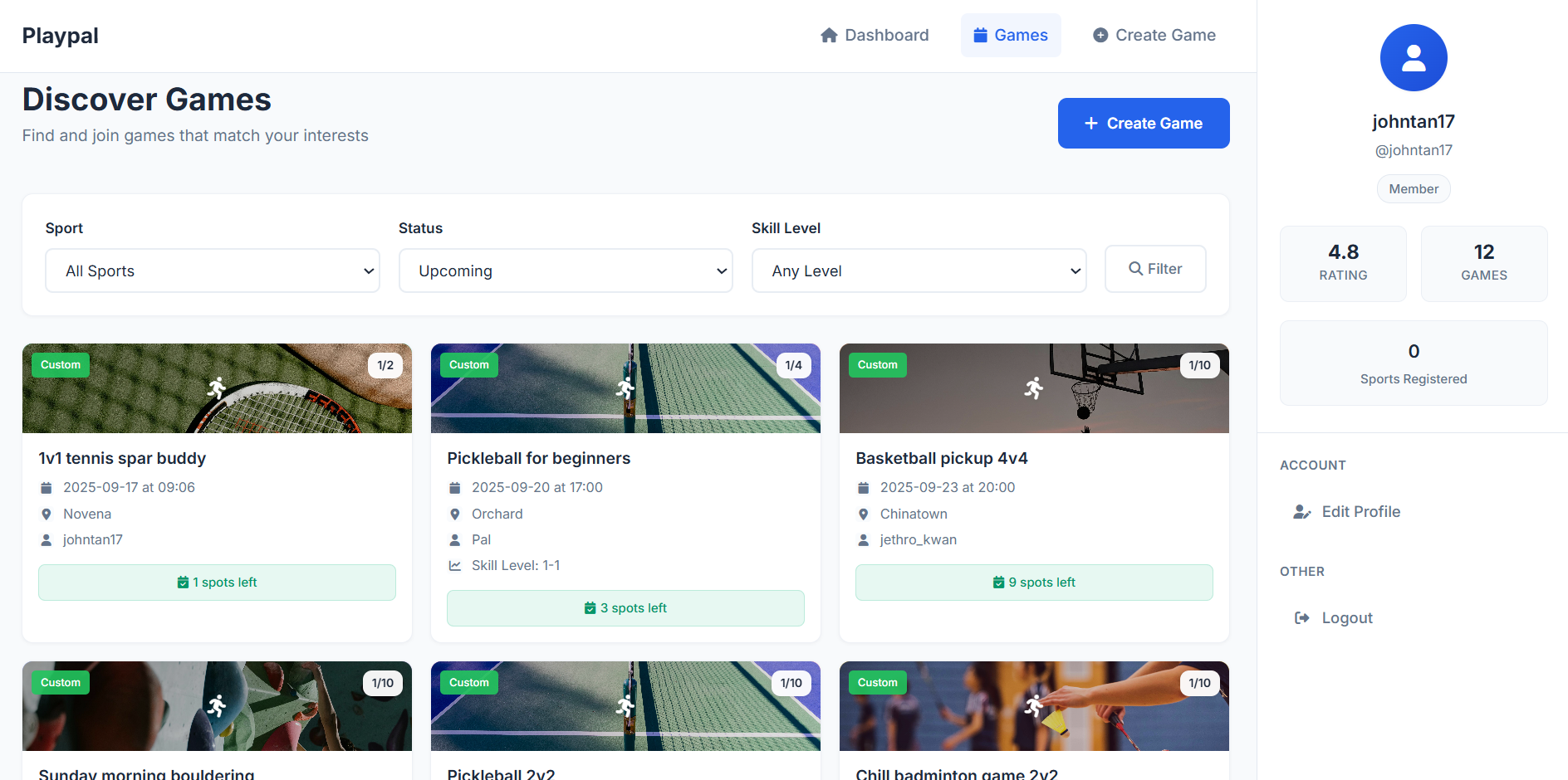 Playpal dashboard — Discover Games
